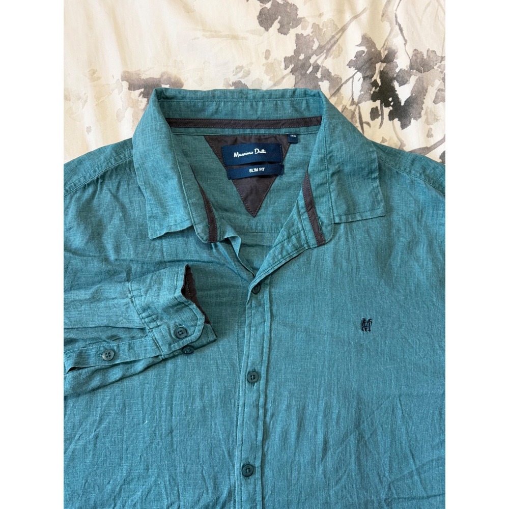 Massimo Dutti Mens Slim Fit Linen Cotton Button Down Shirt Teal XXL